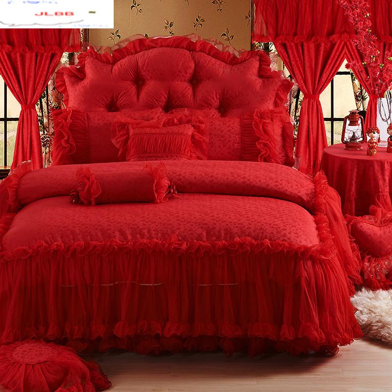 

Red Pink Luxury Lace Wedding Bedding set King Queen Size Bed set Bedspread bed skirt Decoration Duvet cover sets bedclothes, Style2