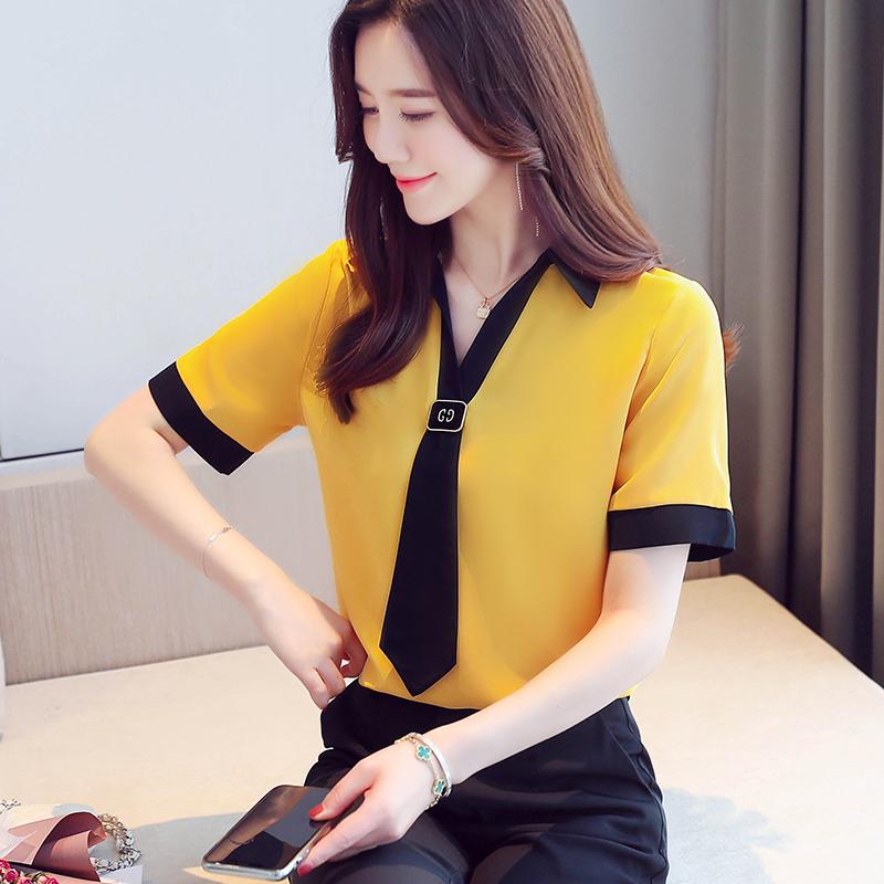 

Women' Blouses & Shirts Summer Fashion Chiffon Necktie Solid Color Casual Ladies Shirt Short Sleeve Tops 2021 Women, Yellow