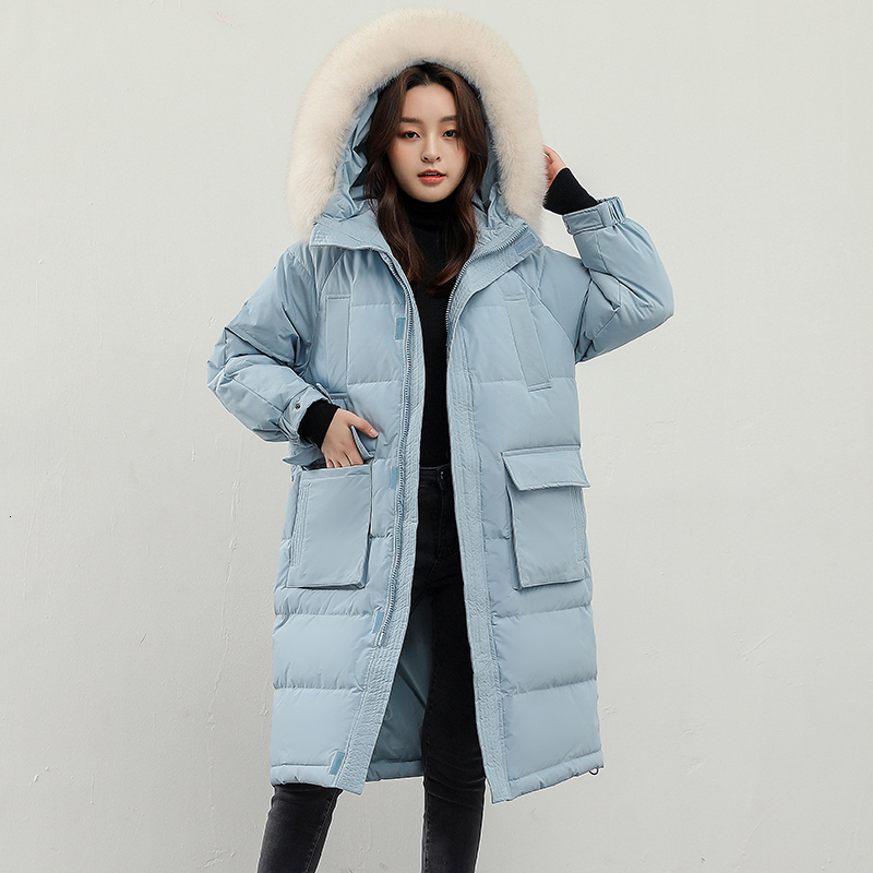 

2021 New Winter Women Thick Warm Loose Big Real Fur Hooded Long Coat 90% White Duck Down Parkas Streetwear Snow Outwear 5k30, Black