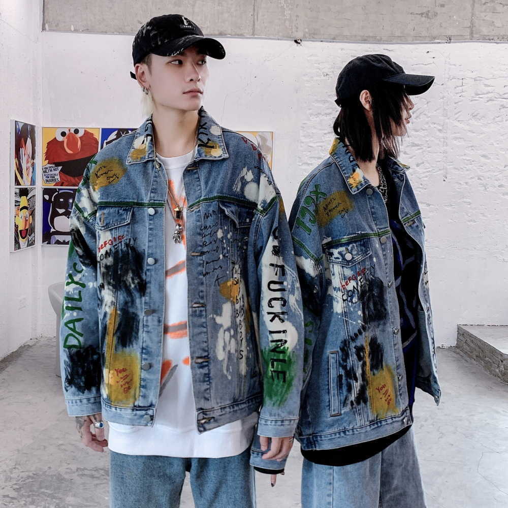 

Jeans jacket men's fashion brand spring and autumn 2020 loose art graffiti personality hip hop Street Jacket Top, Light blue
