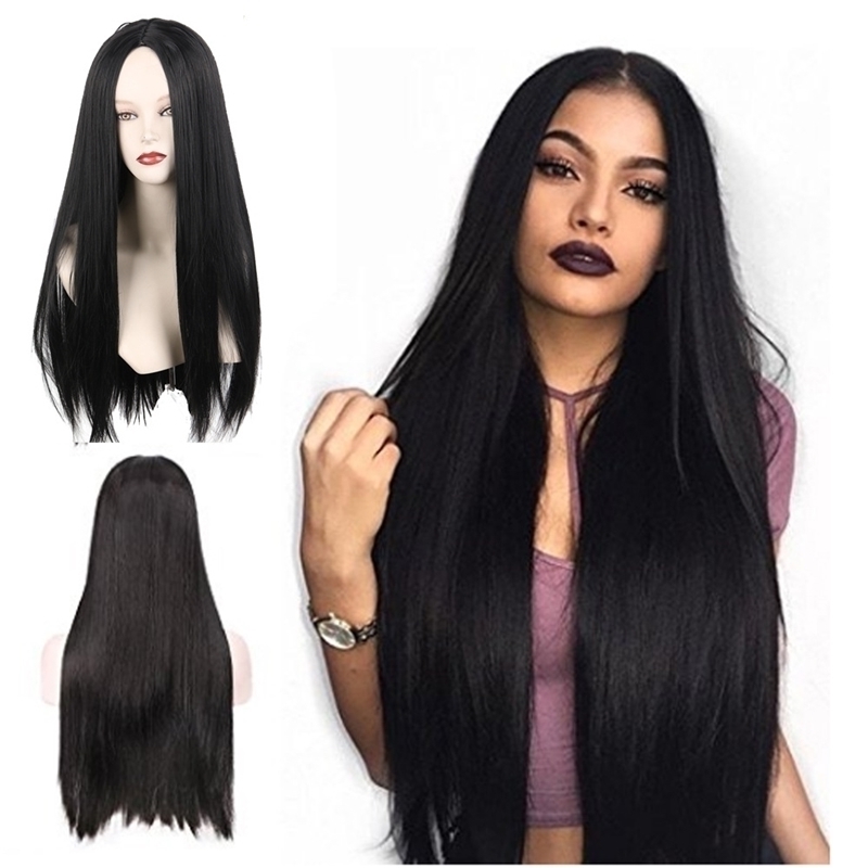 

long Chemical hair fiber black Straight female women's split head set straight