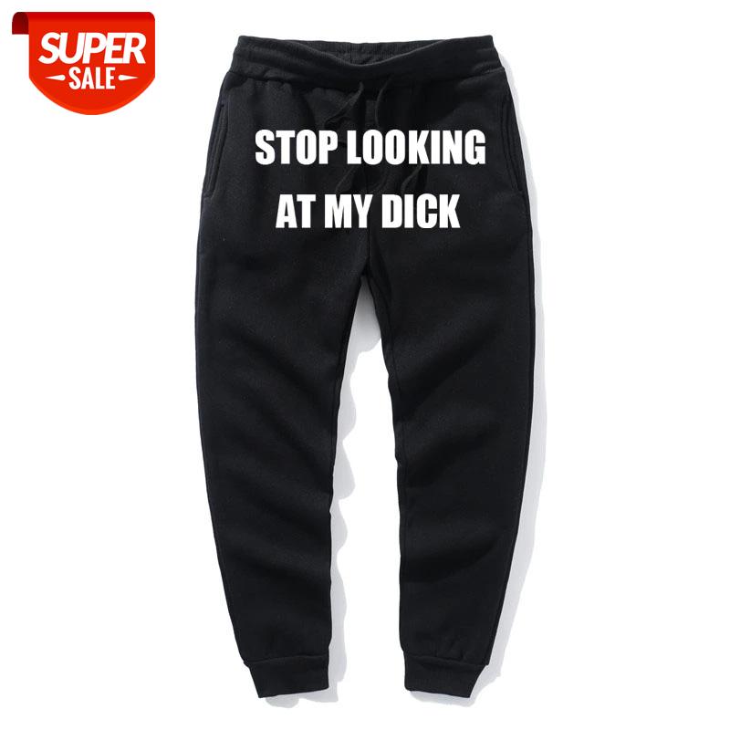 

Men Pants letter print Stop Looking At My Dick Sweatpants women Cotton Joggers men itself High Waist Trouser Hip Hop Sweatpants #5c3x, Black