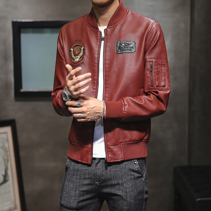 

Pure color tiger pattern stitching motorcycle style men's leather high-quality stand-up collar retro comfortable windproof fashion travel commute, Black