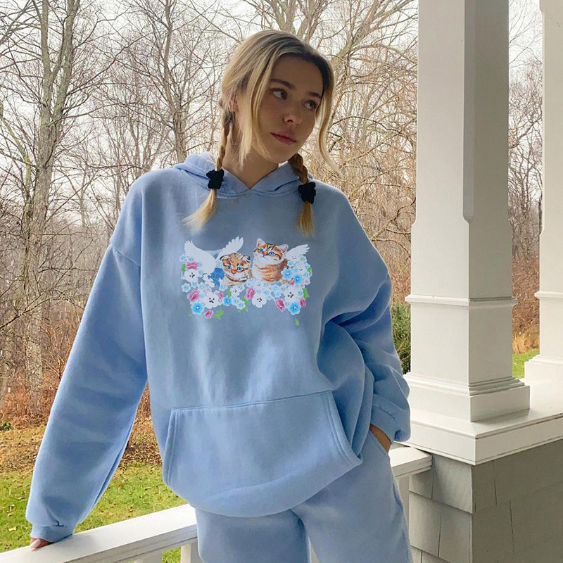 

Women's Hoodie Cartoon Cat Print Loose Simple Student Pullover Simple Coat For Autumn Winter Warm Sweater, Sky blue
