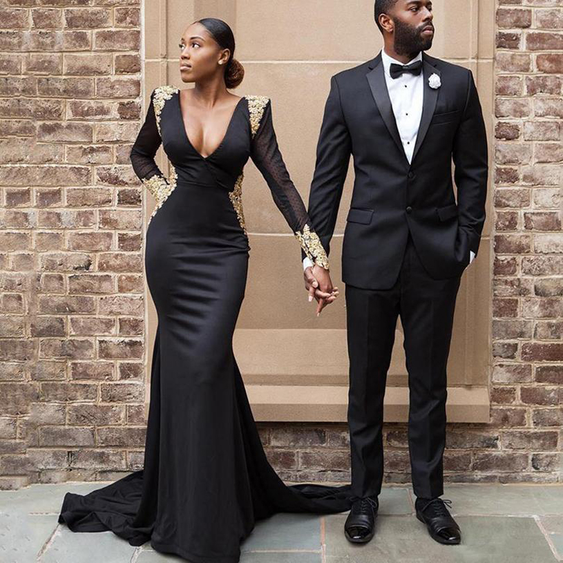 

Arabic Long Sleeves Mermaid Prom Dresses 2021 with Appliques V Neck Satin Court Train Evening Party Gowns, Same as picture