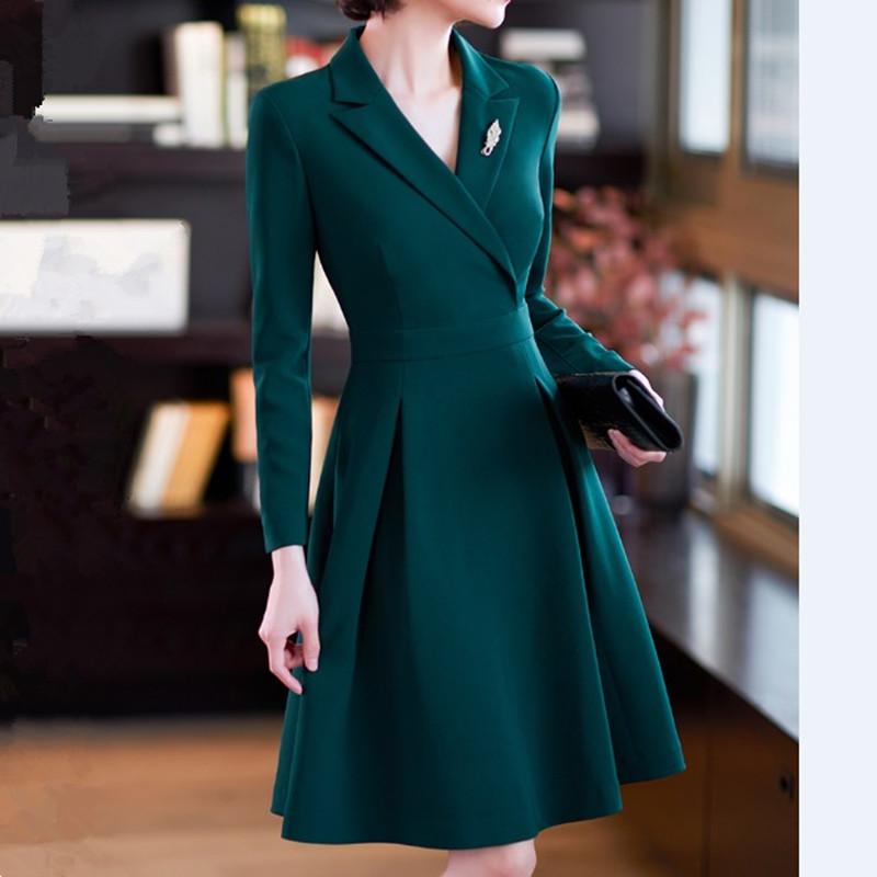

Casual Dresses Elegant Blazer Dress Women Spring Autumn Fall Long Sleeve V Neck Slim A Line Midi Office Ladies Work Formal Wear Clothes, Green