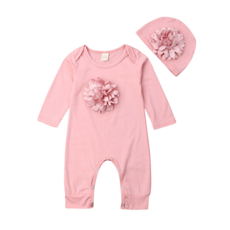 

0-18M 2PCS Newborn Baby Girl Clothes 3D Flower Romper Jumpsuit Hat Outfit Set, Pink
