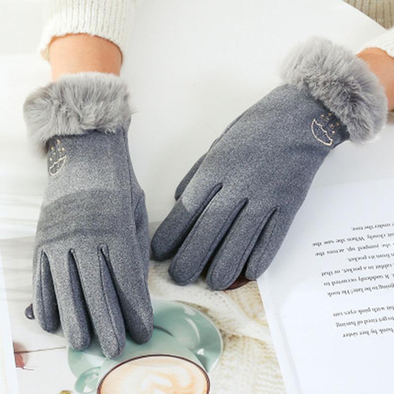 

Five Fingers Gloves Winter Cashmere Embroidery Plush Thick Touch Screen Driving Female Faux Fur Sports Cycling Warm Mittens L75L