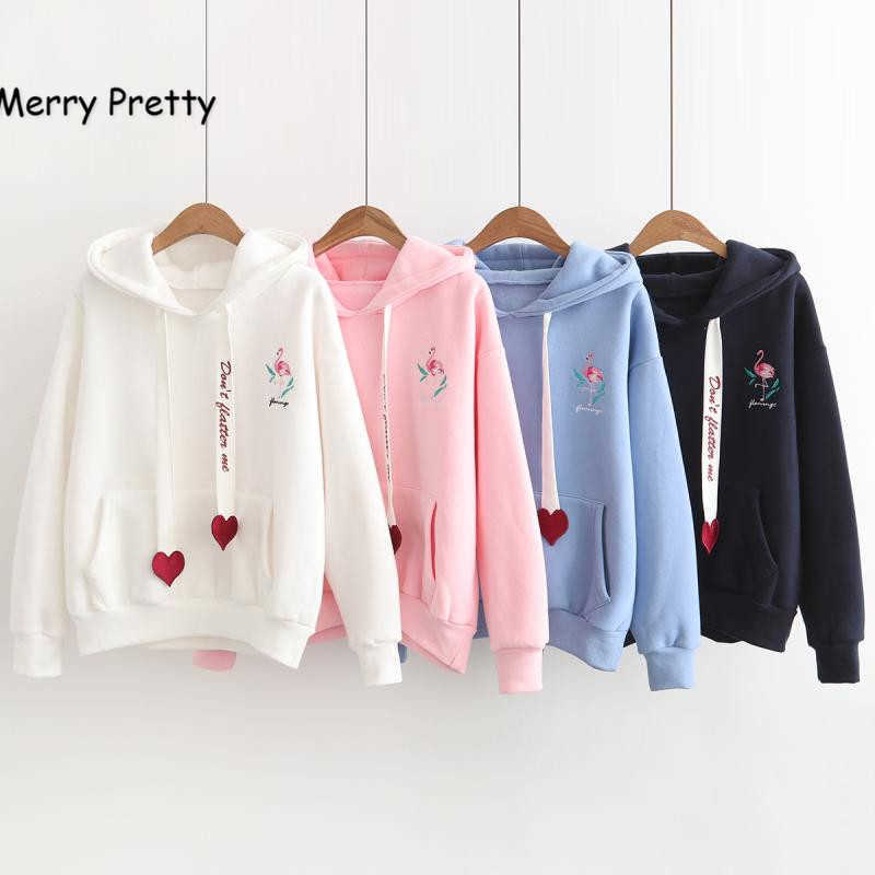 

Merry Pretty Winter Women Preppy Style Hoodies Sweatshirts Heart Crane Embroidery Hooded Pullovers Girl Sweet Velvet Outwear 210526, White