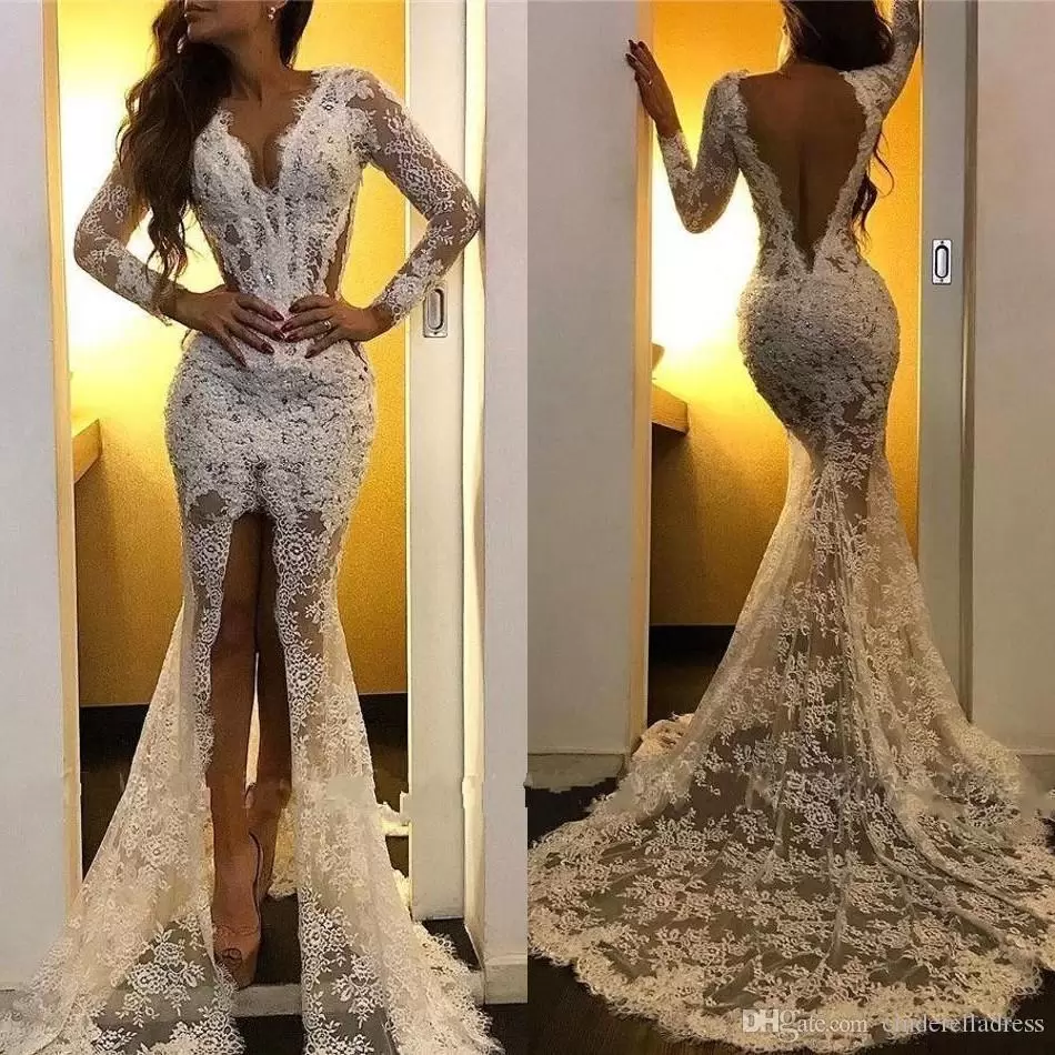

2020 New Sexy Mermaid Wedding Dresses V Neck Long Sleeves Full Lace Appliques Front Split Sheer Sweep Train Backless Plus Size Bridal Gown DWJ0208, White