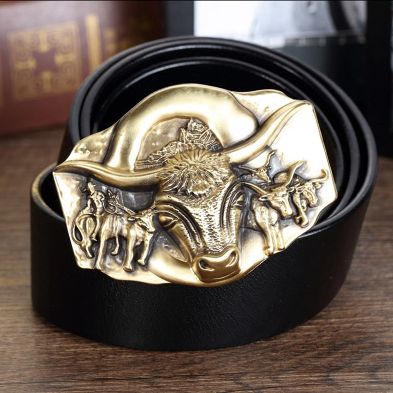 

2021 New Top Cow Genuine Leather Belts for Men Male Copper Oxen Brass Plate Buckle Homme Making-replica Ancient Jgfr, Black