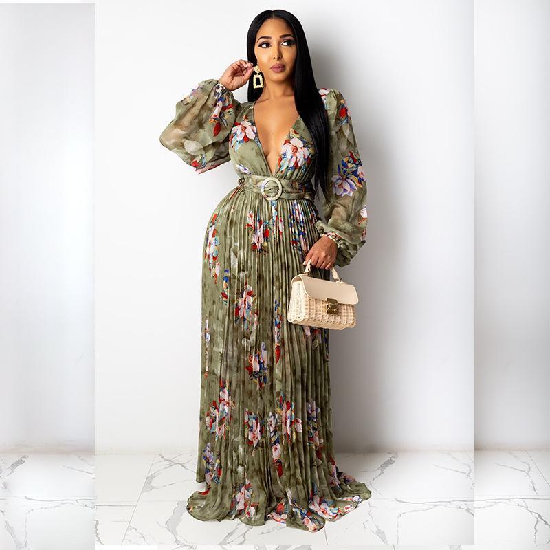 

Casual Dresses Autumn Long Sleeve Women' Dress 2021 Sexy Deep V-Neck Print Chiffon Maxi Elegant Pleated Party Vestidos Ladies Clothing, Army green