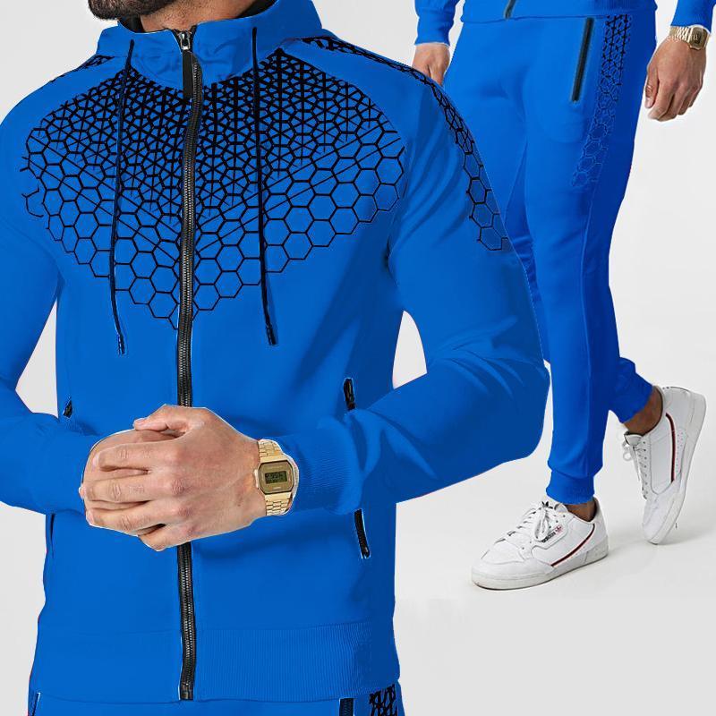 

Running Sets Fashion Casual Zipper Stand Collar Jacket Men Suit Men's 3D Plaid Sports Slim-Fit Two Piece Set, Black;blue
