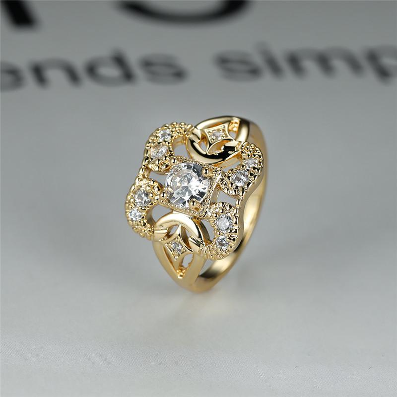 

Wedding Rings Vintage Hollow White Zircon Square Ring Luxury Crystal Round Stone Dainty Gold Color Flower For Women Jewelry, Slivery;golden