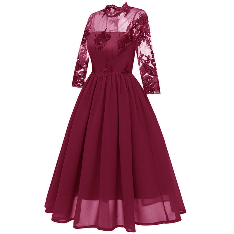 

2021 New Women Elegant Lace Chiffon Evening Party Fashion Hollow O-neck Es Ladies Vintage Embroidered Midi A-line 1j0z, Burgundy