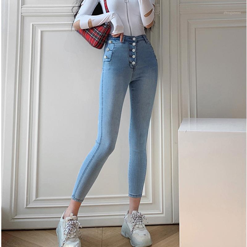 

Europe Smoky Grey Jeans Women's Tight High Waisted Elastic Black Little Feet Hip Button Decoration Denim Trousers 2021 UIJZ