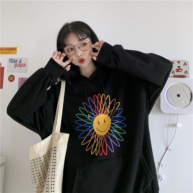 

2021 autumn new loose hooded sweater women's dress Korean fashion student long sleeve cotton upper garment, Black