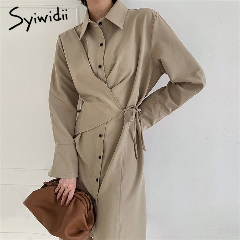 

Patchwork Dresses Women A-Line Solid Black Work Mid-Calf Empire Turn-Down Collar Asymmetry Office Lady Spring 210607