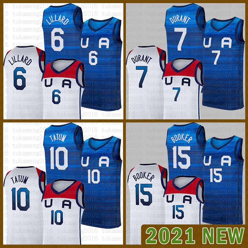 

Basketball Jersey Team America 2021 USA Tokyo Summer Olympics Dark Blue White Damian 6 Lillard Kevin 7 Durant Jayson 10 Tatum Devin 15 Booke, Black;red