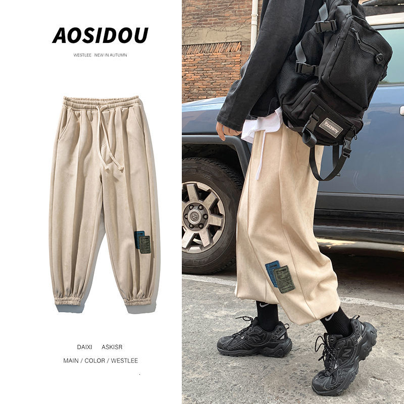 

2021 New Autumn Winter Suede Men's Fashion Drawstring Casual Pants Men Streetwear Loose Hip-hop Straight Trousers Mens M-2xl Rv6w, Black