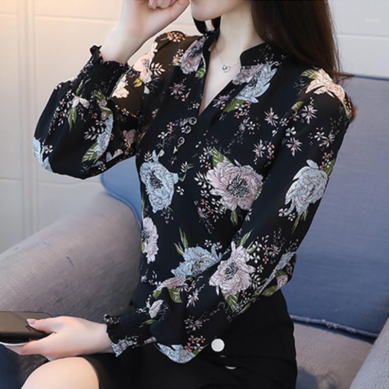 

Floral Women Blouse 2021 Summer V-Neck Long-Sleeved Slim Office Lady Elegant Pulls Outwear Coat Tops Top Quality Women' Blouses & Shirts, See chart