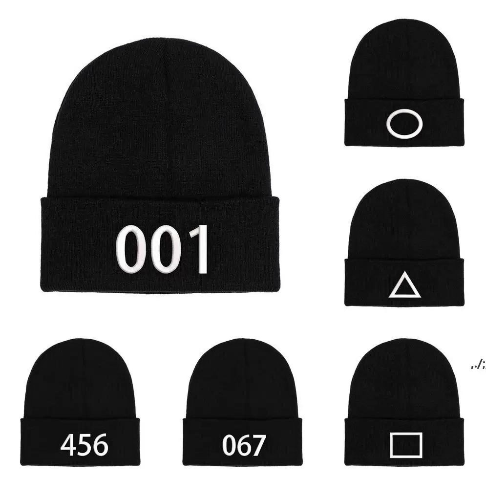

Unisex Korean Squid Game TV Embroidery Beanies Hat Square Triangle Circle Number Embroidered Knitted Slouchy Cuff Skull Caps