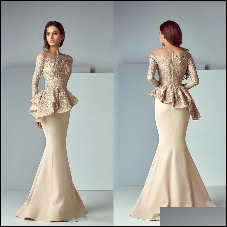 

Mothers Dresses Mother Of The Bride Wedding Party Events Champagne Mermaid Lace Applique Ruffles Long Sleeves Formal Evening Gowns Drop