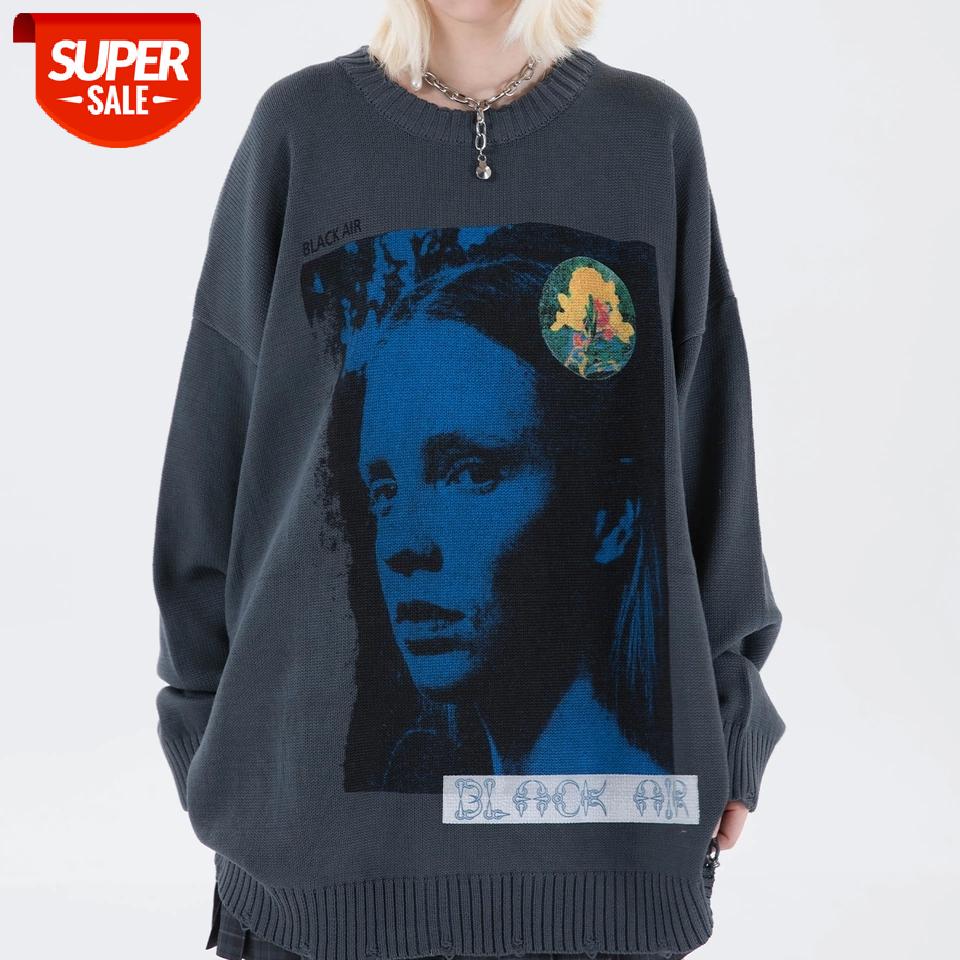 

Hip Hop Streetwear Mens Knitted Sweater Autumn Harajuku Beautiful Girl Sweater Oversize 2020 Cotton Loose Pullover Men Clothing #Ro5c, White;black