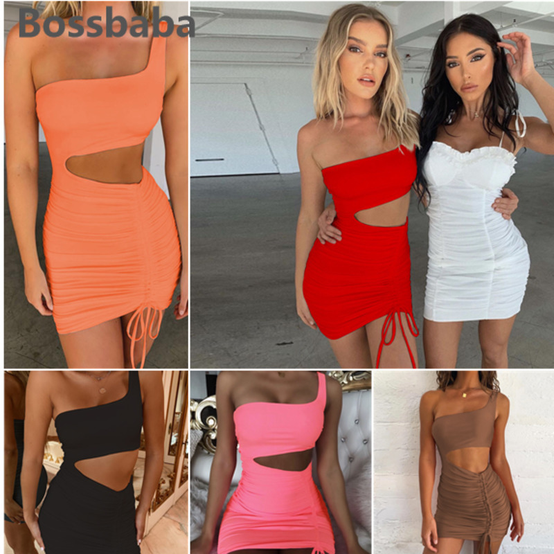 

2021 Summer Clothes Designer New Slim One Shoulder Sexy Strap Cut Out Women Dress with Buttocks and Folds Skirt, White;black