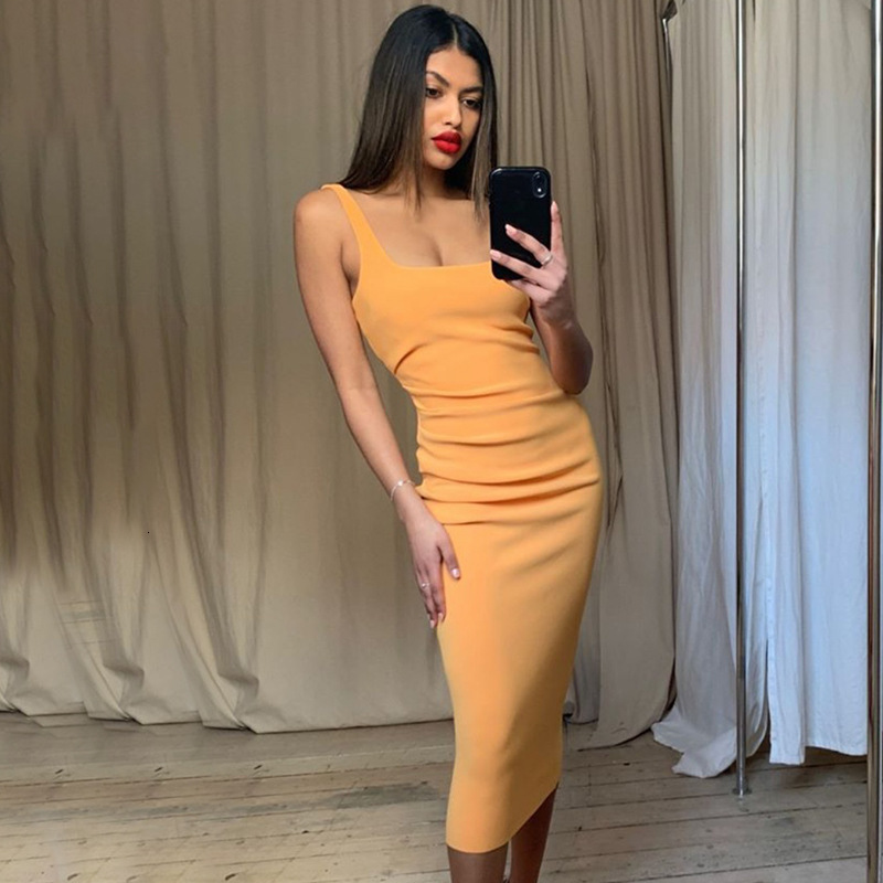 

2021 Will See Sexy Women Dressed Sleeveless High Waist Thin Body in Pure Female Color Dress H925, Yellow