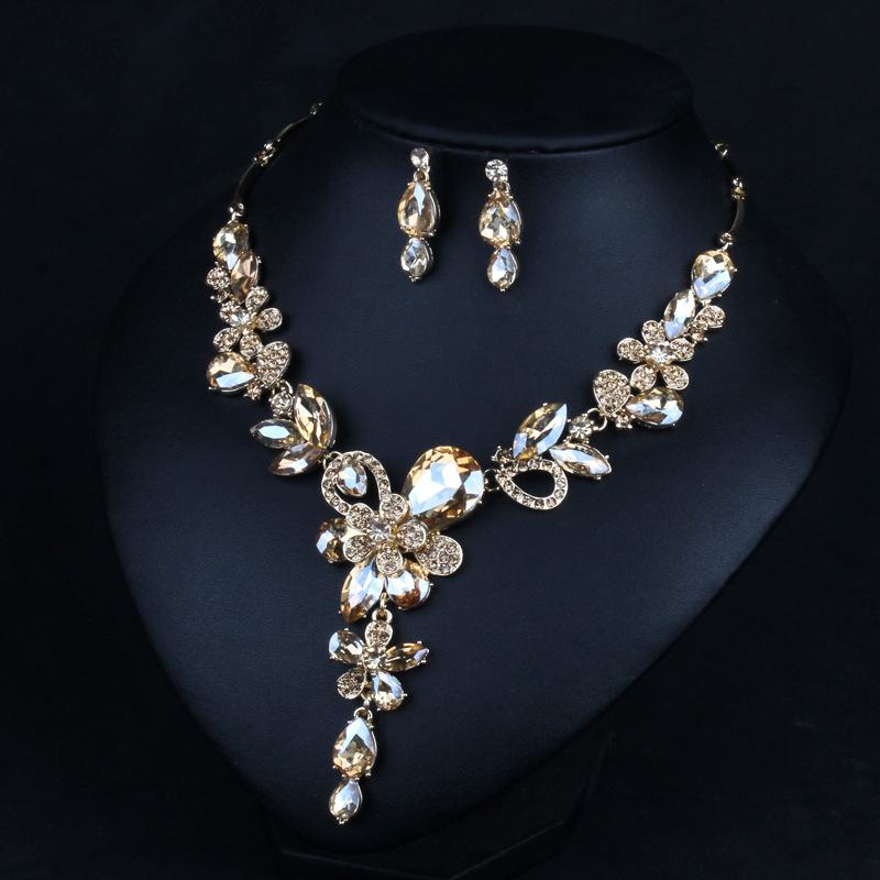 

Earrings & Necklace Fine Champagne And White Rhinestone Elegant Choke Jewelry Set Luxury Crystal Earring Party, As pic
