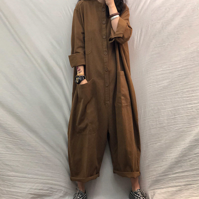 2021 New Fashion for Plus Size Autumn with Tools Casual Loose Retro Jump Suits Female Black Brown Overalls Dtso-image-656653879