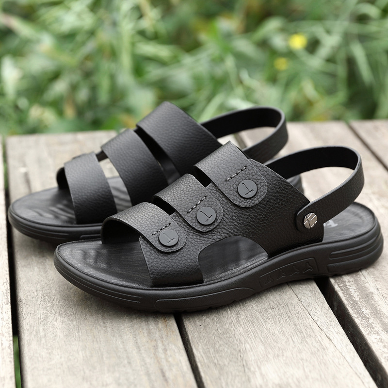 

Summer men's leather casual Slippers sandals anti slip wear resistant breathable slippers open toe PH9W, 1# shoe box