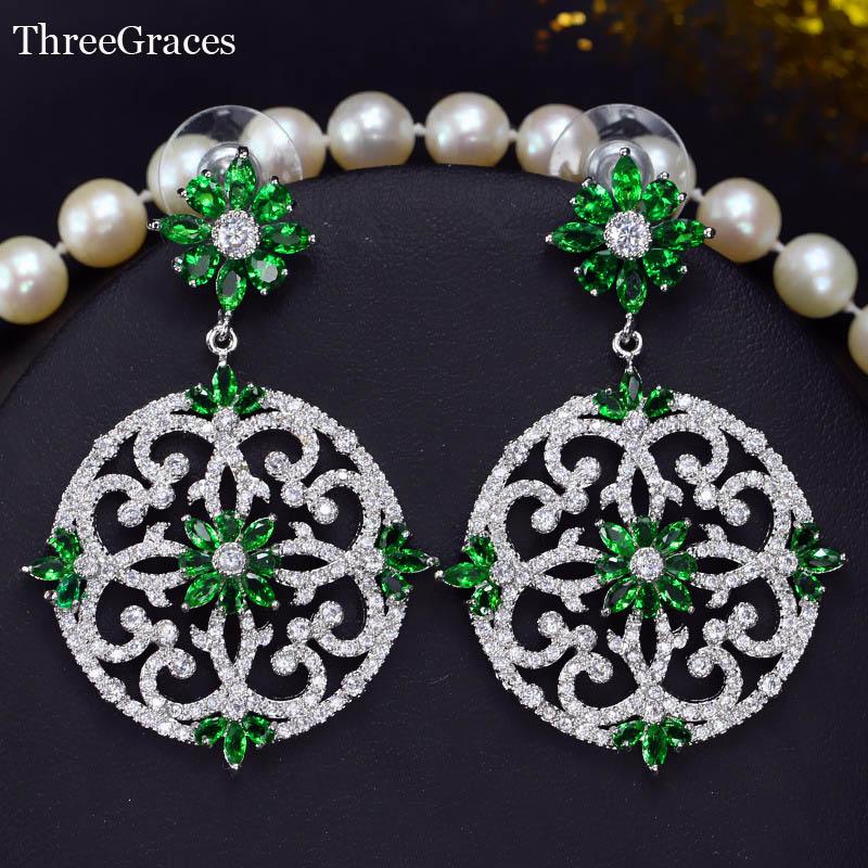 

Dangle & Chandelier ThreeGraces Designable Bridal Jewelry Silver Color Full Pave Zirconia Stone Big Round Green Wedding Earrings For Women E