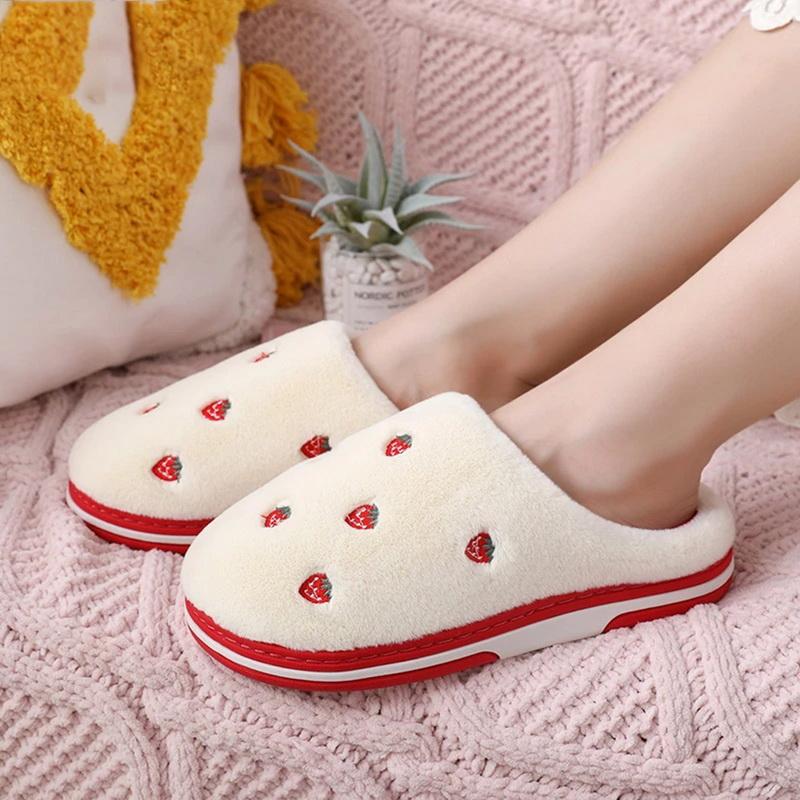 

New Fashion Fruit Indoor Slippers Women Warm Plush Home Slipper Anti-slip Soft Lovers Winter Shoes Cherry Ladies Slides, Red