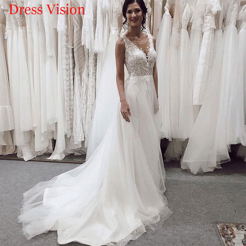 

2021 Boho Lace Appliques V-neck Elegant Wedding Robe De Marie to Be Long Bride Gown Sweep Train U0aa, Ivory
