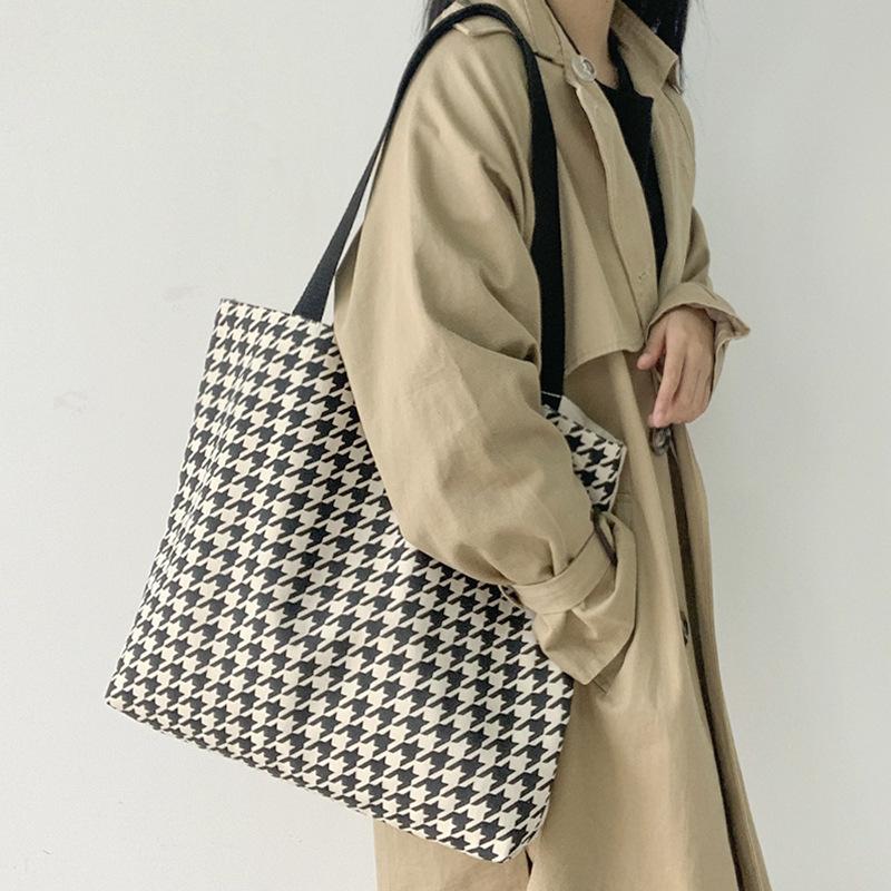 

Big Tote Bag Women Bag Vintage High-capacity Shoulder Bags Houndstooth Hasp Soft Handbag Shopping Korean lady Handbag