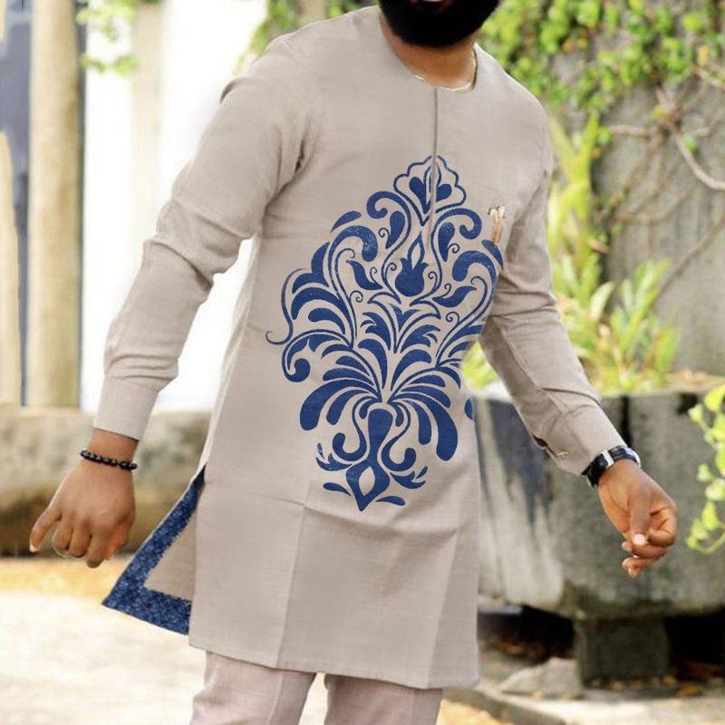 

Men' T-Shirts African Traditional Bazin Men Dress Long T Shirt With Long-sleeve Man Plus Size Slim Fit Floral Print Riche Dashiki Top Male, Gray