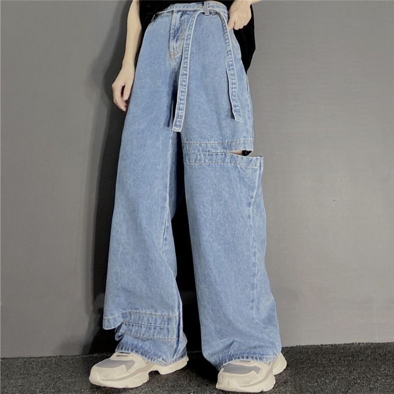 

2021 High Street Brem Women's Hole Zip Splice Legged Hip-hop Loose Cotton Retro Removable Legal Ladies'legs Denim New Pants Ufm7, Light blue