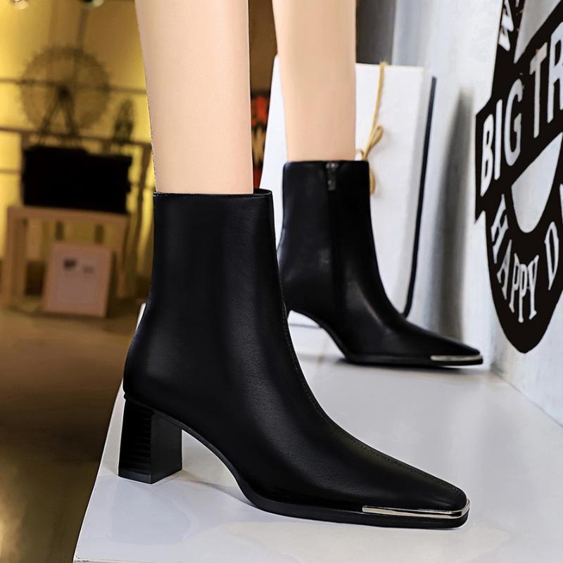 

Boots BIGTREE Women PU Leather Ankle Thick Heels Square Metal Toe Night Club Party Shoes Woman Basic Office Pumps, Black velvet lining