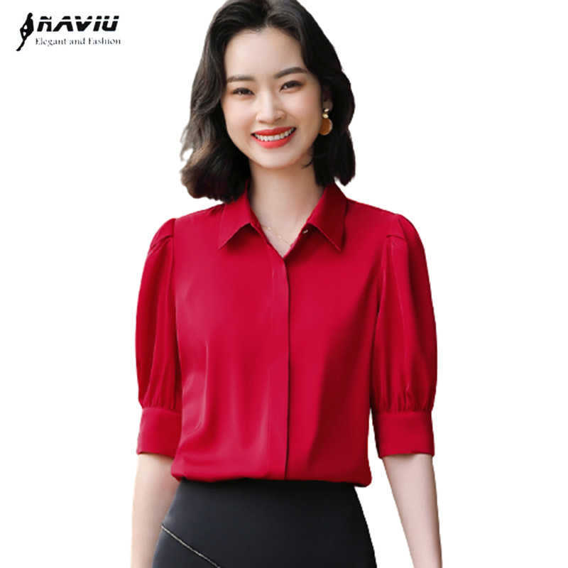 

Red Satin Chiffon Shirt Women Fashion Temperament Summer Half Sleeve Formal Blouses Office Ladies Work Tops 210604, Apricot