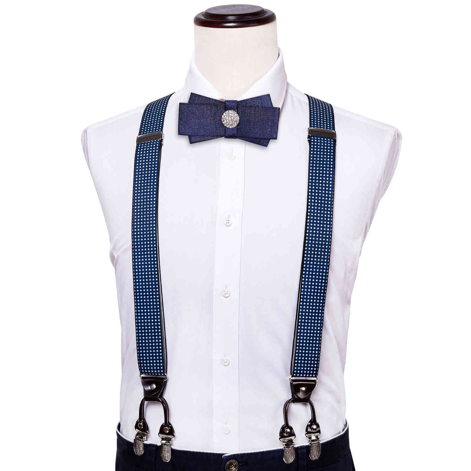

Hi-Tie Adult s Suspender and Bow Tie Pins for Leather 6 Clips Braces Vintage Fashion Blue Dot Elastic Suspenders Men