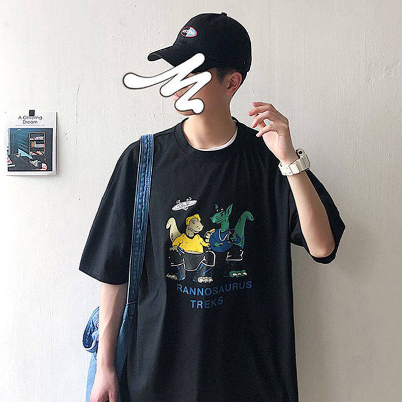 

2021 New Algodo Hip Hop Cartoon Dinossauro Camisa Dos Homens Japons Bonito Camiseta Harajuku Streetwear Tshirt Casual Manga Curta Vero Topos