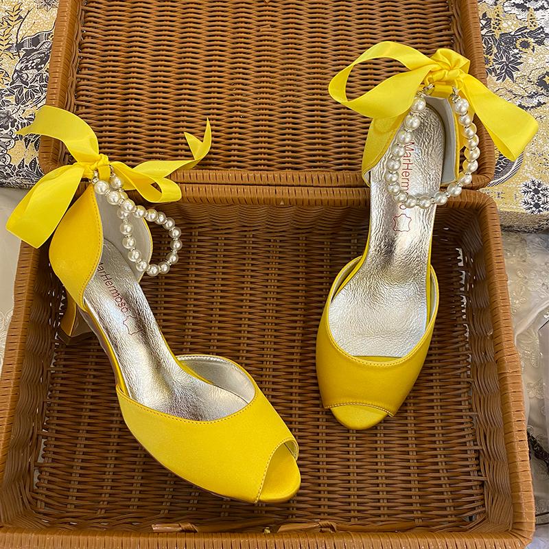 

Dress Shoes 2021 Fashion Bridal Wedding Yellow Womens Pums Pearl Ankle Strap Peep Toe Ladies Casual Working, 65716 yellow