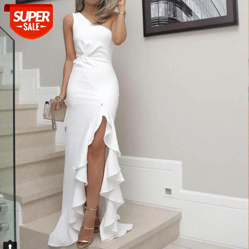 

White One Shoulder Ruched Ruffle Women's Dress Side Split Female Long Party Dresses 2021 New Autumn Summer Slim Ladies Vestidos #Sq61, Black;gray