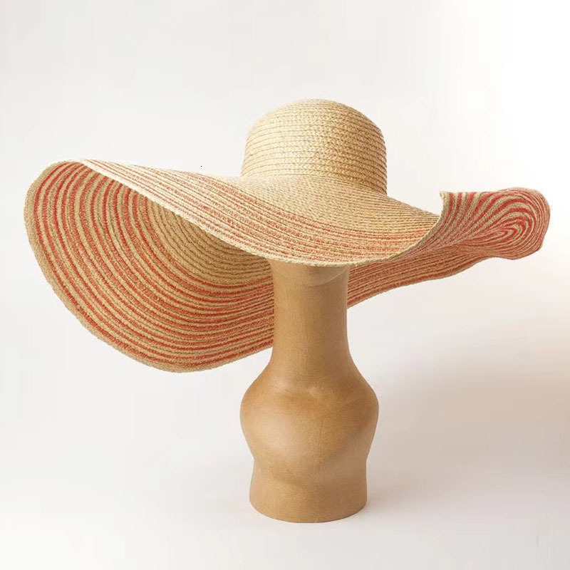 

2021 New Women Natural 25cm Oversized Floppy Raffia Beige Red Navy Striped Giant Straw Big Wide Brim Summer Sun Beach Hat Cap 51s3, As show-red