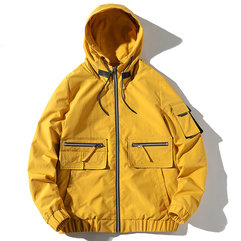 

New 2021 Autumn Bomber Jackets Men Cargo Multi-pocket Hooded Jacket Coats Fashion Hip Hop Stand Collar Male Windbreaker Streetwear 02pv Kohg, Yellow