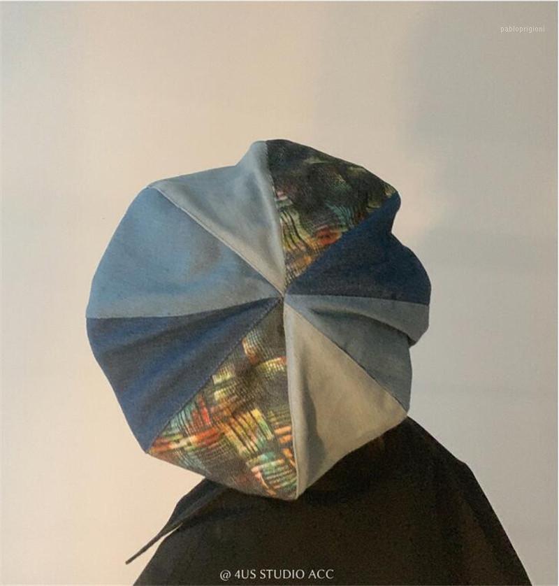 

Berets 202108-xiyuan-xiyu Autumn Oil Painting Pattern Denim Fabric Fashion Cloud Model Beret Hat Men Women Leisure Painter, Blue