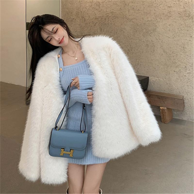 

Women's Fur & Faux Winter French Style Niche Loose Fashion Mid-Length Plush Jacket Temperament Imitation Coat ClothingLY623, Black