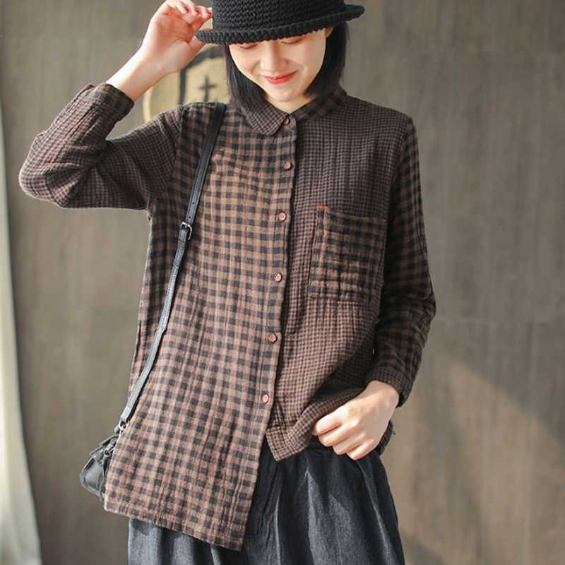 

Spring Arts Style Women Long Sleeve Irregularity Shirts Vintage Plaid Cotton Linen Blouse Plus Size Ladies Loose Tops D417 210608, Dark coffee